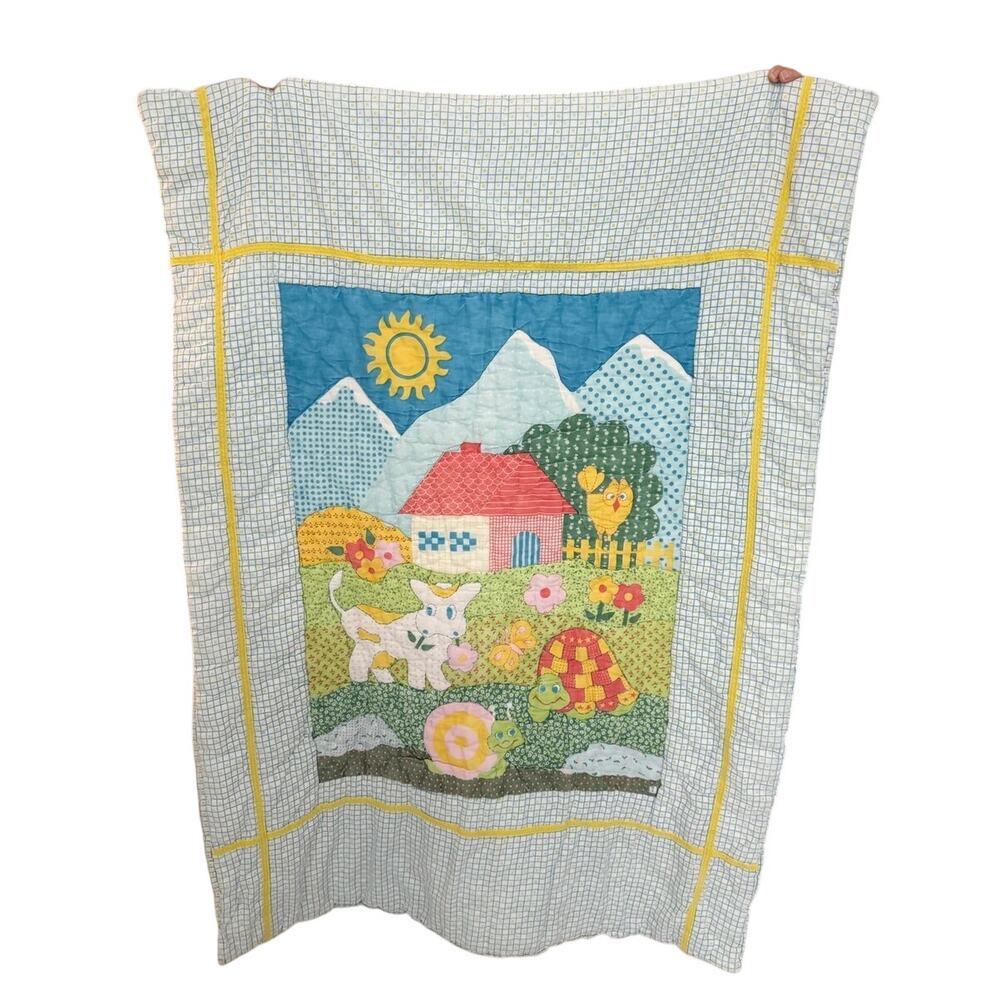 Vintage French Crib Quilt Blanket Colorful Snail Lamb Scene Pink House Mountains